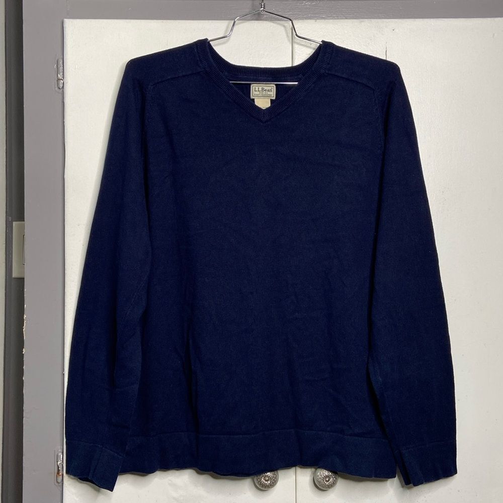 LL Bean Mens Cotton Cashmere V-Neck Pullover Sweater Navy Blue Sz XL